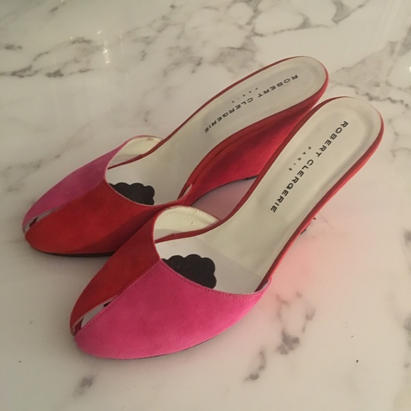 Robert Clergerie Pink Red Suede Peeptoe Wedge Mule - Picture 8 of 8